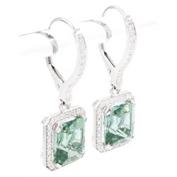 Pair of platinum African Paraiba tourmaline and diamond earrings by Scarab London, each pendant set with a modified octagonal cut tourmaline, surrounded by round brilliant cut diamonds and diamond set bail, London 2022, total tourmaline weight approx 6.12 carat, total diamond weight approx 0.74 carat, with Alan Poultney Gems report