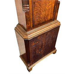 William Watson of  Blackburn (Lancs)  - late 18th century 8-day oak and mahogany cross banded longcase clock, with a flat top and open fretwork above, deep cornice with dogtooth moulding and frieze beneath, square hood door flanked by reeded pilasters with brass capitals, trunk with  reeded quarter columns, long trunk door with concave corners on a plinth with canted corners on bracket feet, brass dial with cast brass spandrels, broad silvered chapter ring with Roman numerals and five-minute Arabic's, a profusely engraved and silvered dial centre with seconds dial, matching steel hands and calendar aperture, hourly rack striking movement with a recoil anchor escapement. With weights, pendulum and key. 
William Watson of Northgate, Blackburn, is recorded as working c1770-1814 . As with this clock Watson frequently signed some of his clocks without a placename.