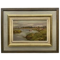 Frederick William Jackson (Staithes Group 1859-1918): Cattle Taking a Drink, oil on canvas laid on board unsigned 19cm x 31cm 
Provenance: exh. Phillips & Sons Cookham, October 1988, label verso