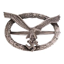 WWII German Third Reich Pilot's silver breast badge, marked on reverse  for 800 standard a...