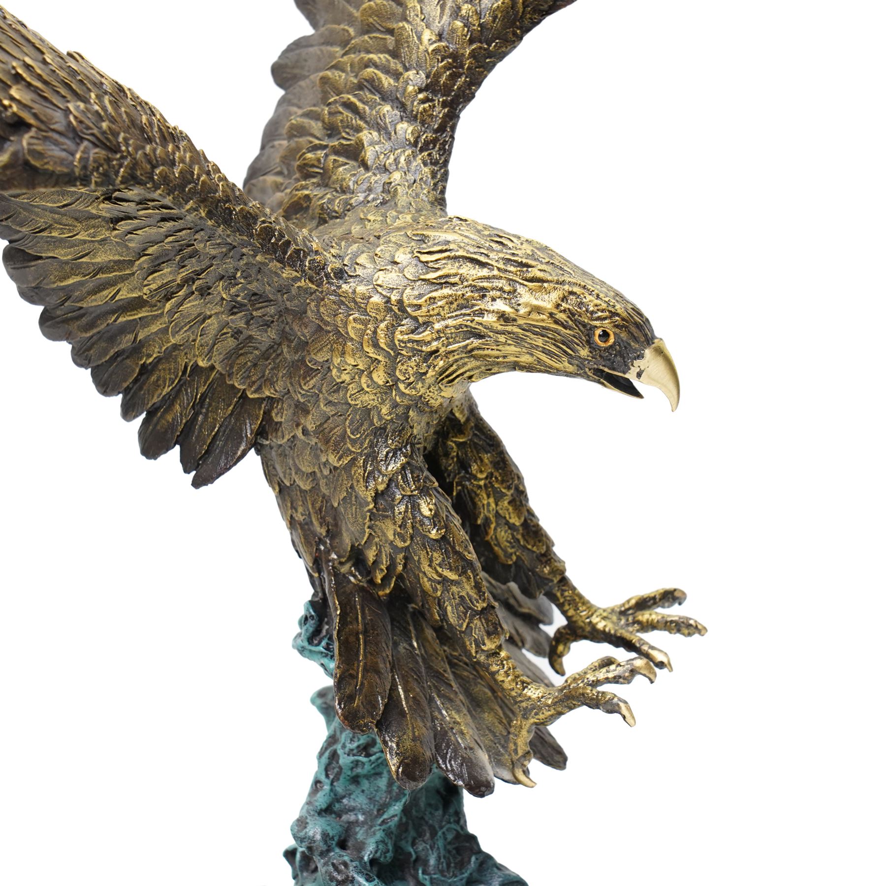 After Jules Moigniez - bronze figure of an eagle poised to attack, upon green marble base, overall H50cm