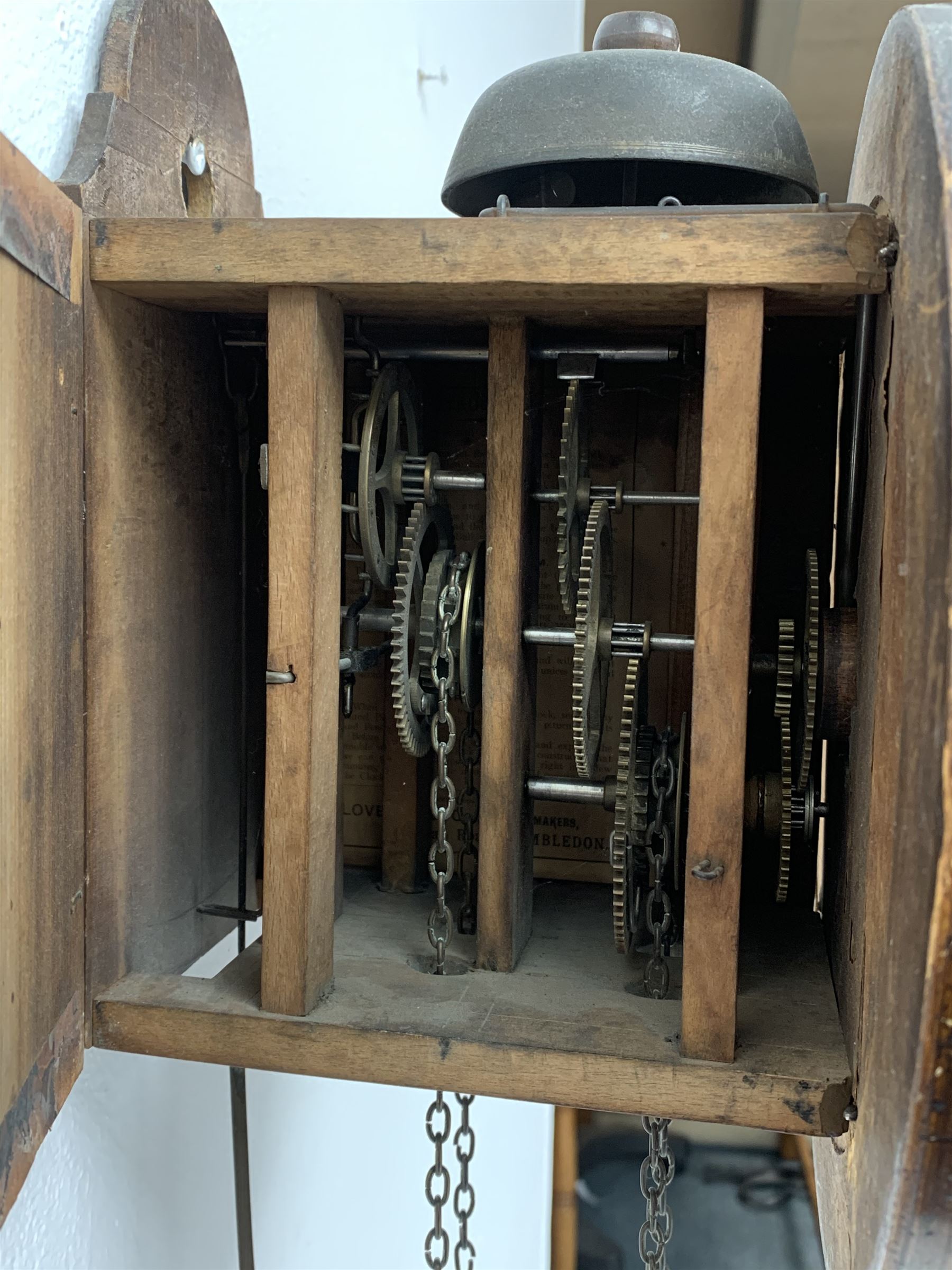 20th century Postman's style alarm wall clock, circular Roman dial in