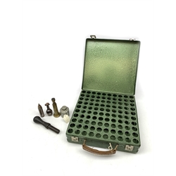 19th century and later predominantly 12-bore cartridge making equipment including American Ideal Mfg. Co. Middlefield Ct. re-loader, unmarked brass re-loader, Berica crimper, James Dixon and Webley recappers, Wm. Powell & Son Birmingham oil bottle, turned wooden rammer etc; and green metal cartridge carrying case