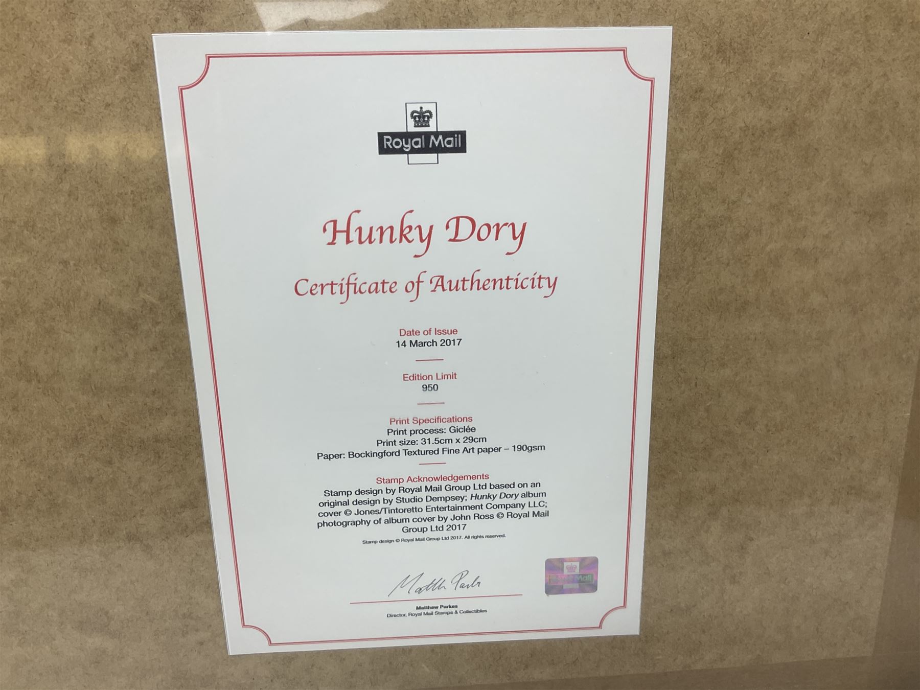 Set of four Royal Mail David Bowie limited edition album stamp prints, comprising Heroes, Ziggy Stardust Tour, Hunky Dory and Let's Dance, all framed and in original packaging, H43cm W43cm