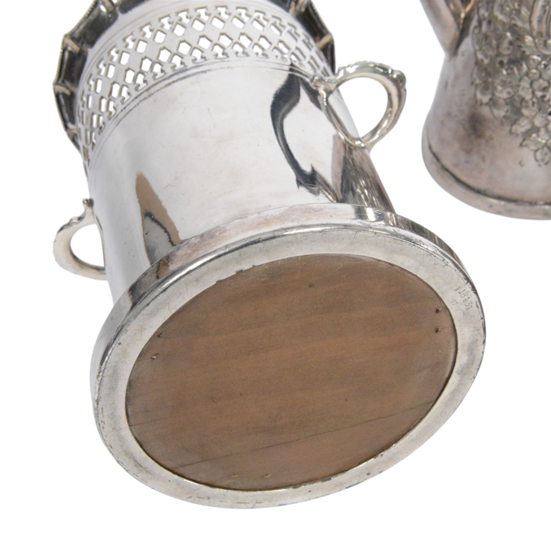 Silver plated twin handled bottle holder bottle, together with another bottle coaster and other plated items