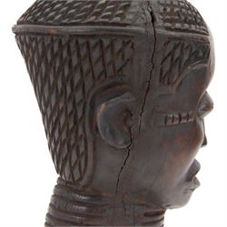 Kuba cup, African carved wood wine cup in the form of a female head, H31cm