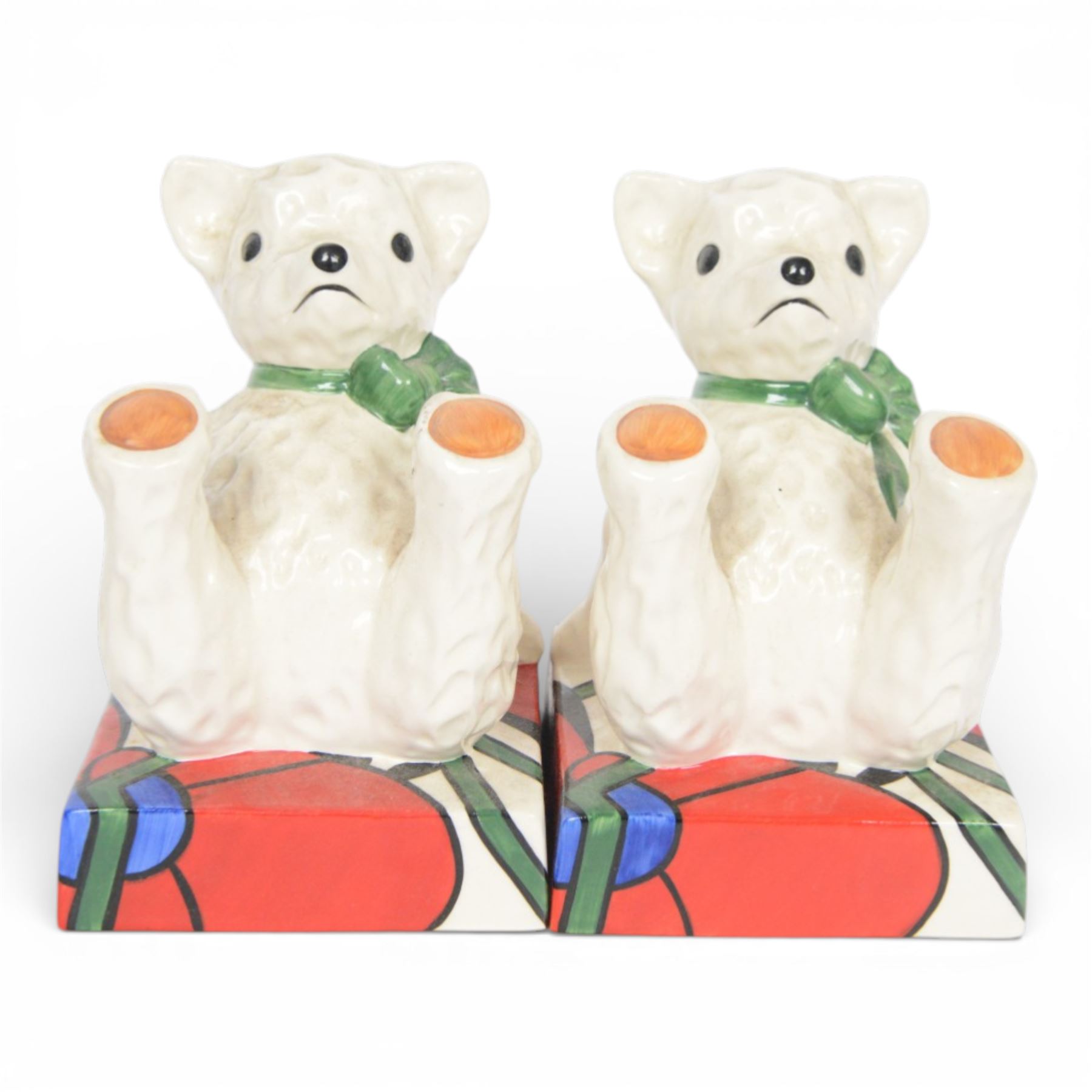 Wedgwood Bizarre by Clarice Cliff, Teddy Bear Bookends, hand painted based upon an original, limited edition 22/150, with certificate and box, H16cm