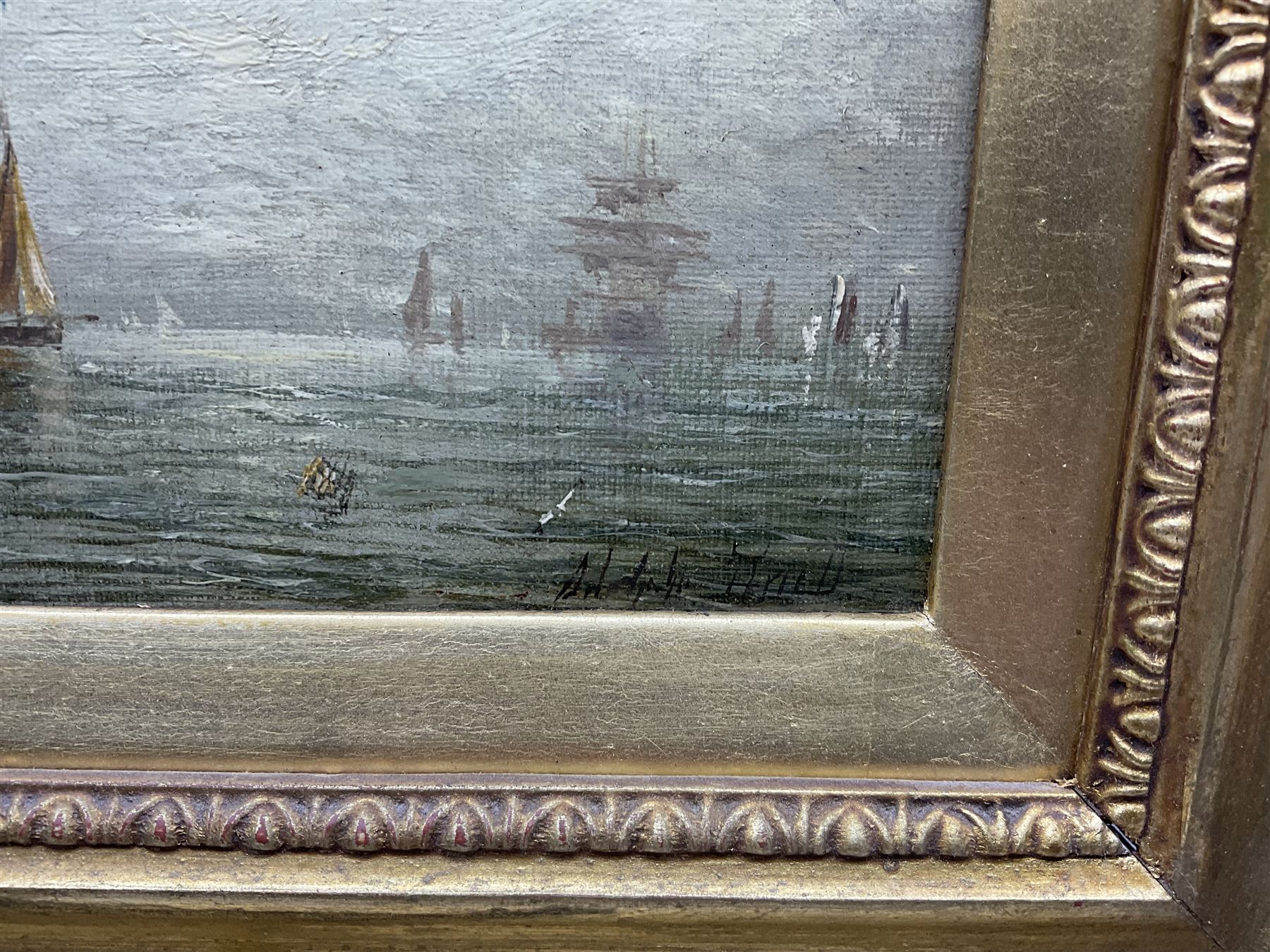 William Adolphus Knell (British 1801-1875): Shipping at Sunrise and Sunset, pair oils on canvas signed 13cm x 26cm (2)