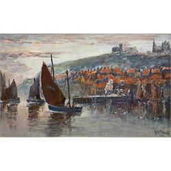 George Scarth French (British fl.1894-1910): Fishing Boats in Whitby Harbour, oil on board signed and dated 1910, 24cm x 40cm