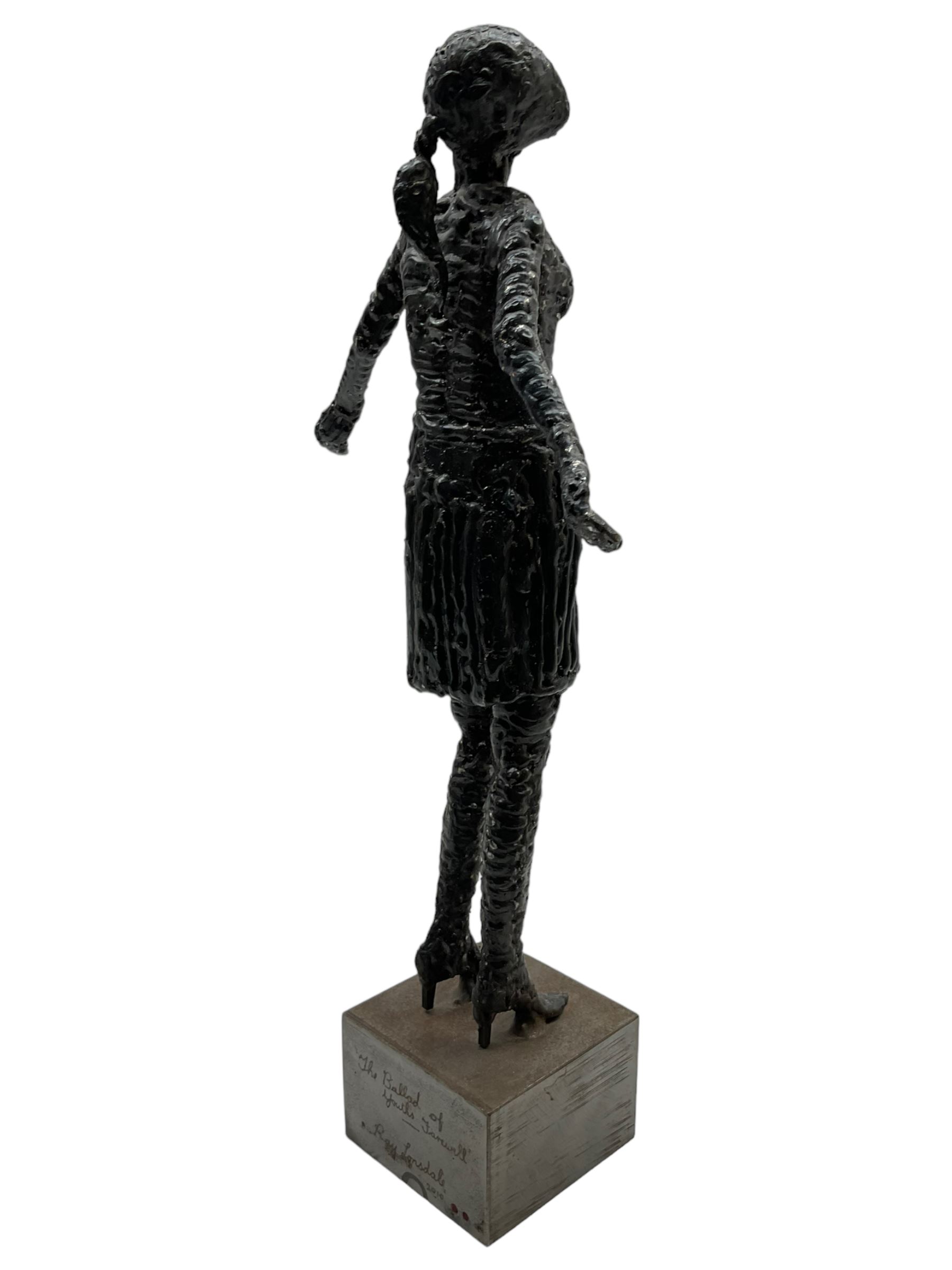 Ray Lonsdale (Northern British 1965-): 'The Ballad of Youths Farewell', steel statuette signed titled and dated 2010 to the base, H37cm including base 
Notes: originally a steel fabricator from Durham, sculpture had always been Ray’s passion, and after winning The People’s Award within the Hanging Jury Competition in Newcastle 2003, he now works as an artist full-time. He is best known for his large-scale public sculptures, such as 'Freddie Gilroy and the Belsen Stragglers' on Scarborough North Bay, 'The Tunney' on Scarborough Pier, 'The Smugglers Apprentice' on Merchants Row, and 'A High Tide in Short Wellies' on the Coble Landing Filey.