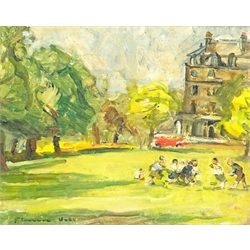  Florence Adelina Hess (Staithes Group 1891-1974): Children Playing in Prince of Wales Park Harrogate, oil on panel signed 21cm x 26cm Provenance: with Phillips & Sons Fine Art, Marlow June 1980, label verso  DDS - Artist's resale rights may apply to this lot  