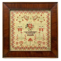 Victorian sampler, by Sarah Ellis, worked with central urn of flowers, surrounded by various motifs including peacocks, urns, and figures, within a stylised border, in mahogany frame, overall H72cm L71.5cm