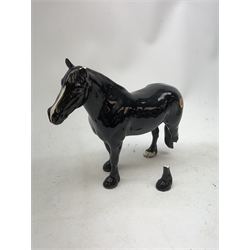 Three Beswick horses comprising: 'The Winner' no. 2421,  Shire Horse and Dale Pony (a/f), Border Fine Arts group 'Feeding Piglets' A5030, Beswick Beatrix Potter figure,  set of six Royal Doulton birds on stand etc 