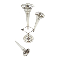 Edwardian silver three branch epergne by Cohen & Charles, Birmingham 1909 and two other silver specimen vases by Sydney & Co, Birmingham 1915