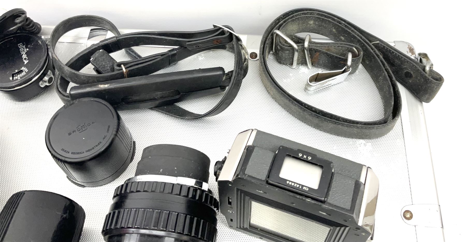 Zenza Bronica S2A medium format camera body, with Zenza Bronica Zenzanon MC '1:2.4 f-80mm' lens, together with Nippon Kogaku Nikkor-P '1:4 f-200mm' lens, Nikkor D.C '1:4 f-40mm' lens, two film backs and other camera equipment, housed in a hard flight case