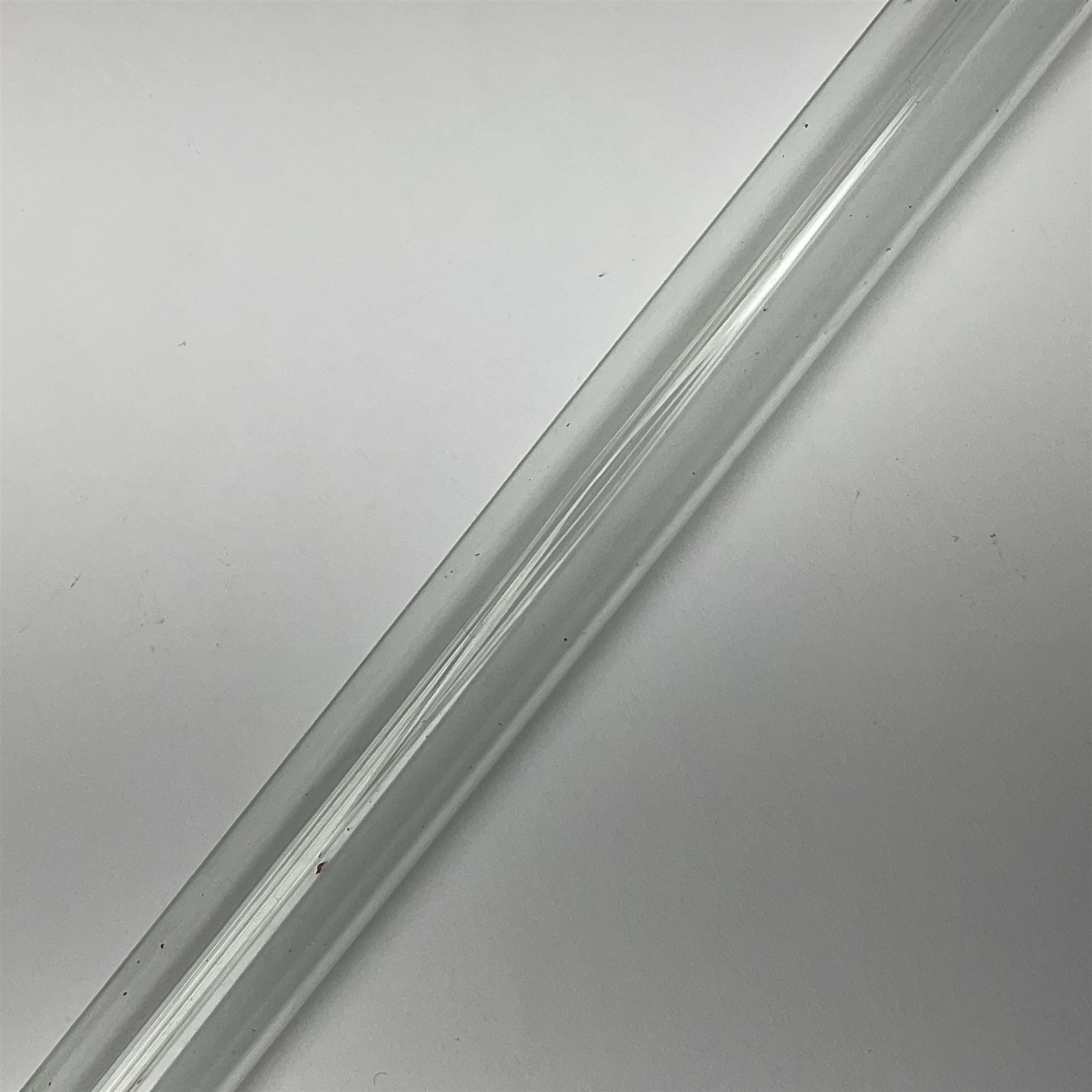 19th century malacca walking cane, the screw threaded domed cover opening to reveal vacant recess, above a further screw threaded opening revealing a removable glass vial with stopper, glass vial L41cm, cane L89.5cm