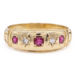 Victorian gold ruby and diamond gypsy ring, three round cut rubies spaced by two star set ...