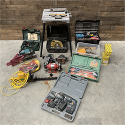 A quantity of power and hand tools including Skilsaw Classic circular saw, Makita 9401 belt sander, Bosch POF 52 router etc