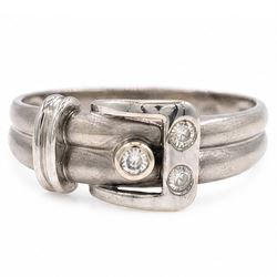 14ct white gold three stone diamond buckle ring, bezel and rubover set with three round br...
