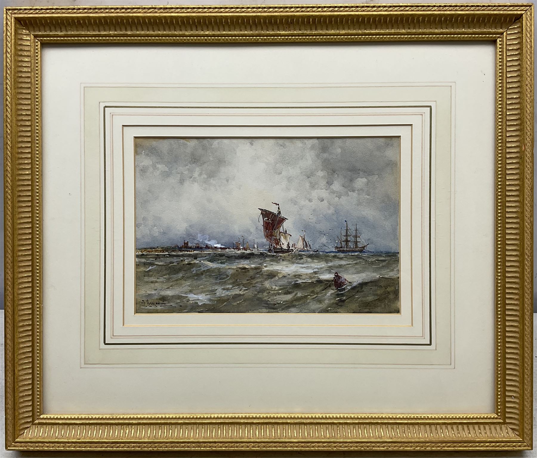 Frank Henry Mason (Staithes Group 1875-1965): Shipping off the Coast, possibly St Andrews, watercolour heightened in white signed 15cm x 23cm