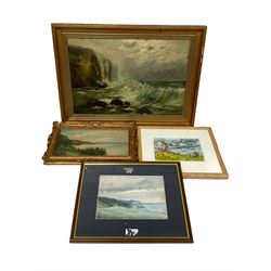 Two 19th century coastal oils, 1920 watercolour of Scarborough, and a coloured etching of Ilkley (4)