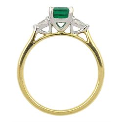18ct gold three stone no oil emerald and pear shaped diamond ring, hallmarked, emerald approx 0.85 carat