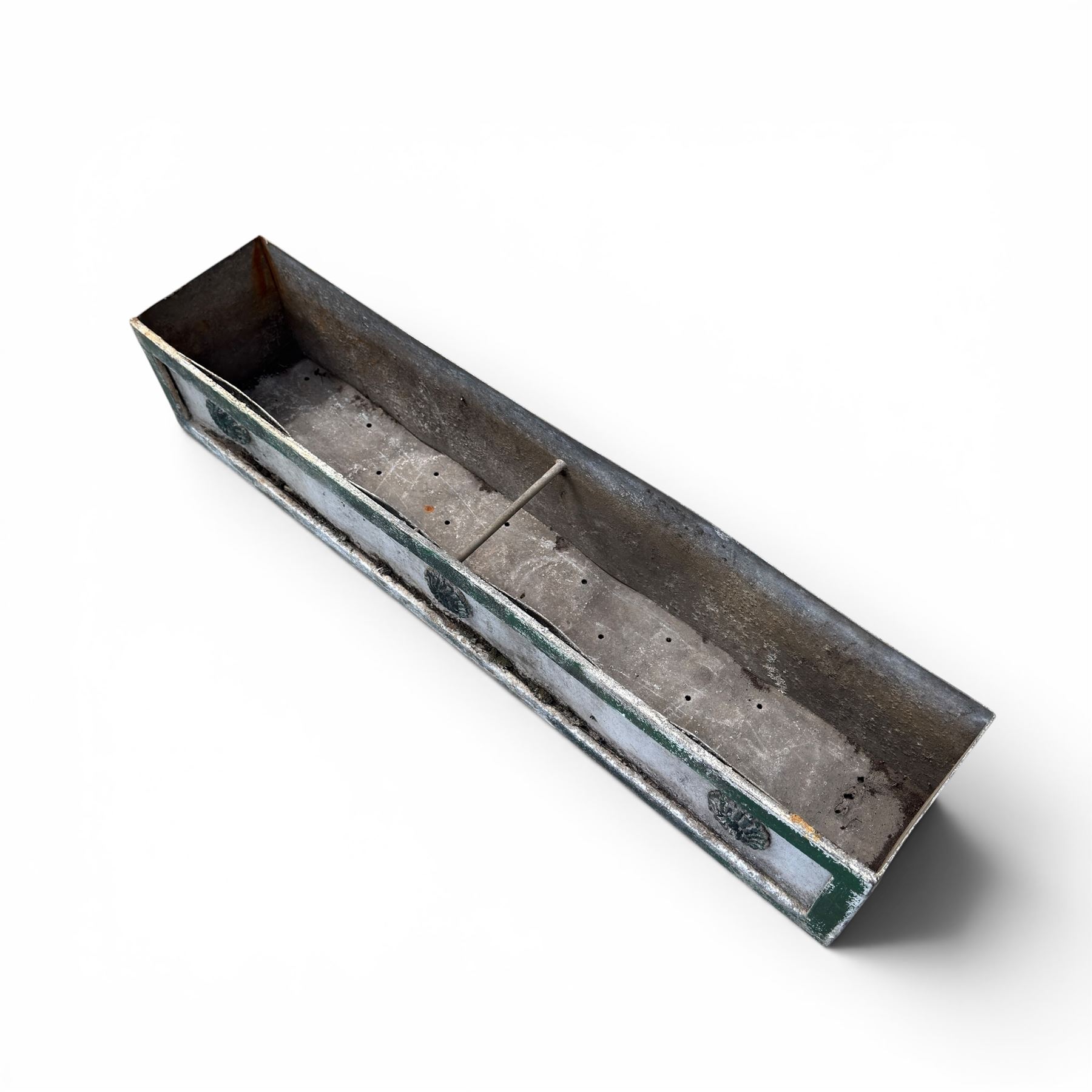 Early Victorian lead-fronted window box planter, of rectangular form with moulded borders and three applied flowerhead roundels, in distressed green finish
