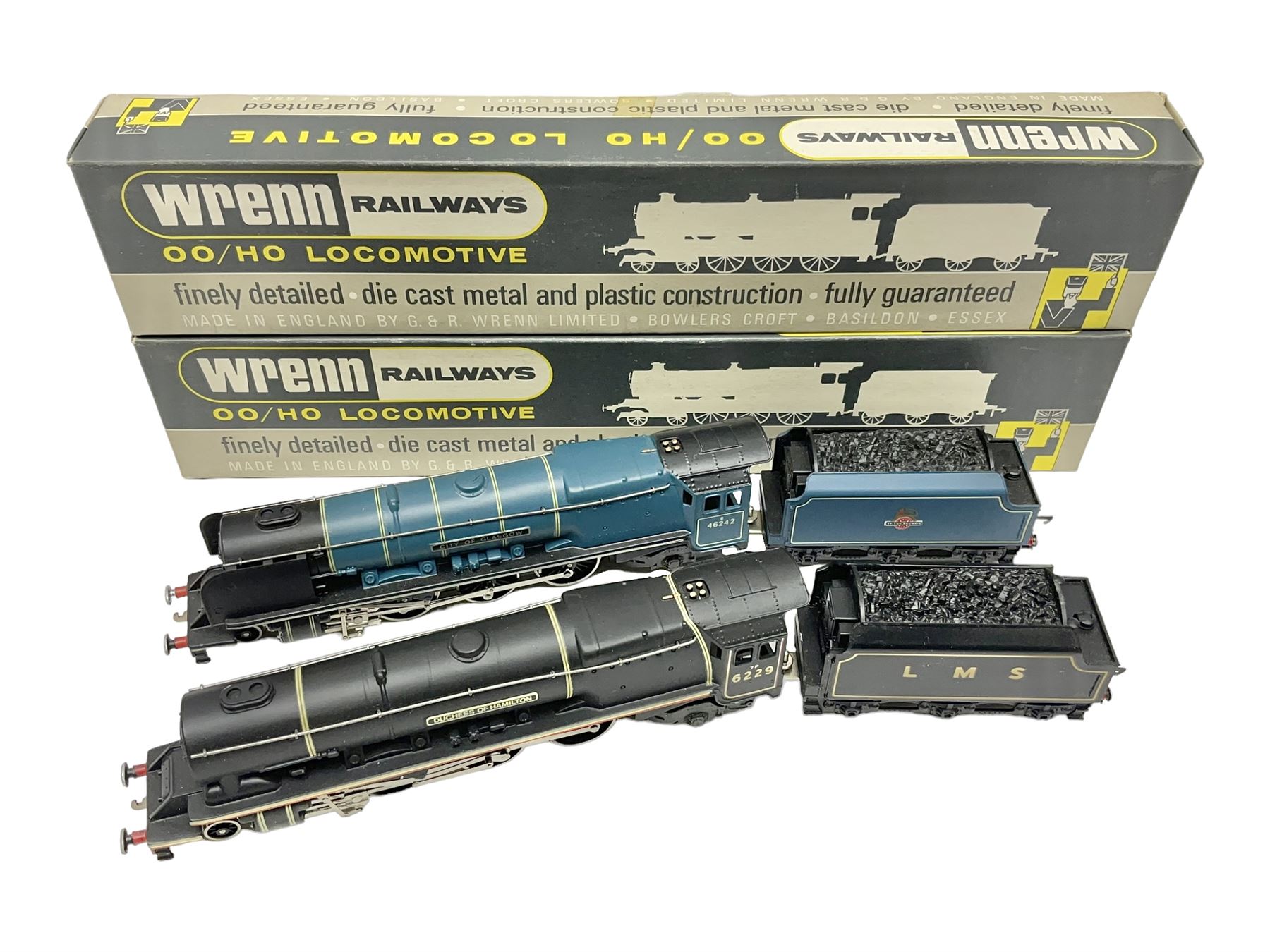Wrenn '00' gauge - two Princess Coronation (Duchess) Class 4-6-2 locomotives - 'City of Glasgow' No.46242 in BR Blue; and 'Duchess of Hamilton' No.6229 in LMS Black; both boxed with instructions (2)