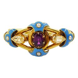 Victorian 18ct gold garnet, topaz, enamel and pearl hinged bangle, the central oval cut rhodolite garnet, set with two imperial topaz's either side and sounded by four enamel and pearl sections, the shoulders with engraved foliate decoration, in velvet and silk lined box
