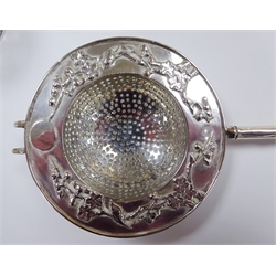  Chinese export silver tea strainer with applied prunus blossom decoration and bamboo shape handle stamped 90 inscribed 'Mr & Mrs H E Olsen 'Silver anniversary Shanghai Feb 1st 1938 from Mr & Mrs G H White, set of six teaspoons, two similar spoons with Chinese character medallion handles and three napkin rings, approx 8oz  