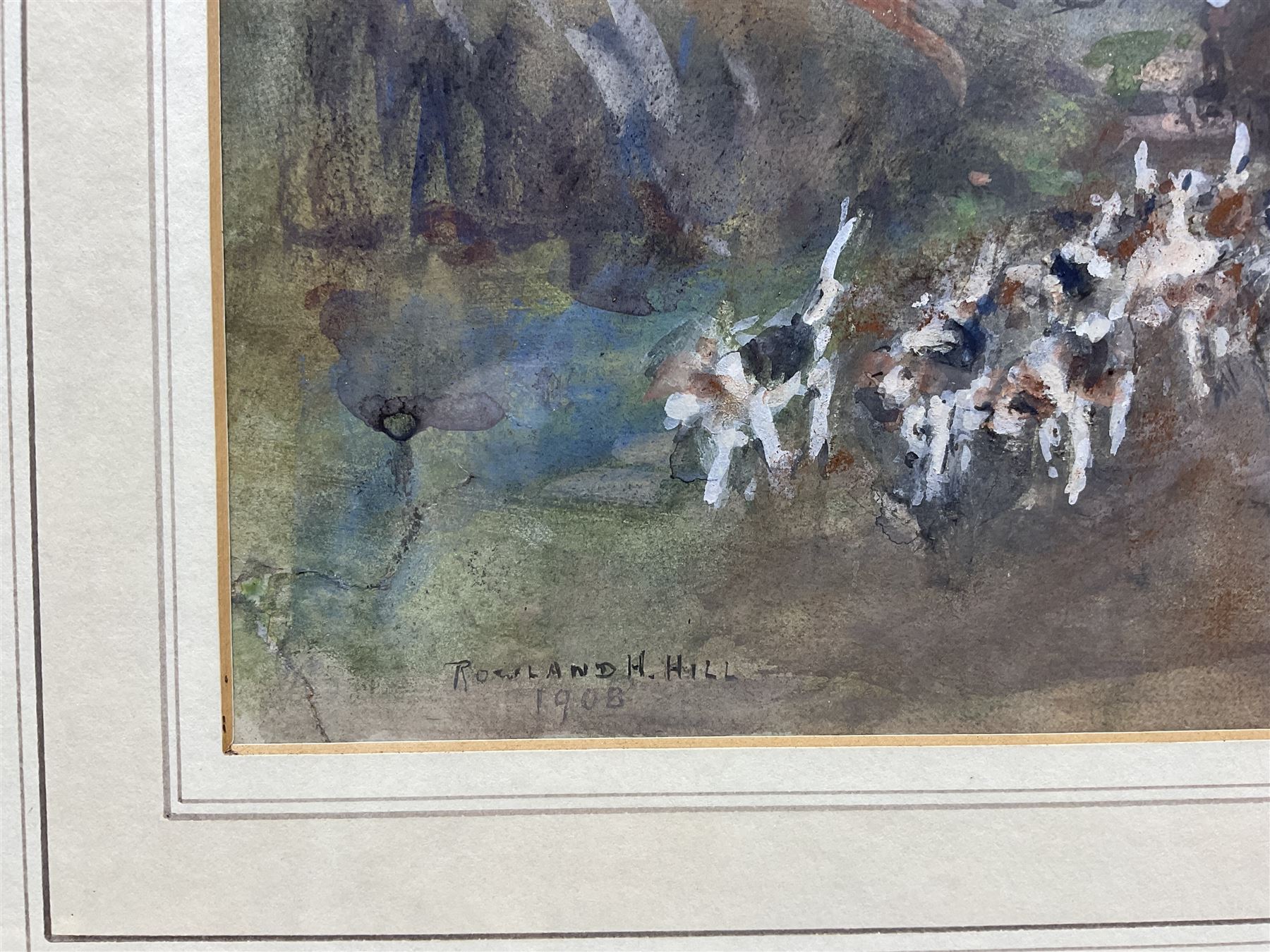 Rowland Henry Hill (Staithes Group 1873-1952): North Yorkshire Foxhounds on a Country Lane, watercolour signed and dated 1908 
Provenance: private collection, purchased David Duggleby Ltd 16th September 2013 Lot 43; exh. Phillips & Sons, Cookham, November 1980
