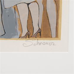 David Schneuer (Austro Hungarian 1905-1988): Figures at a Party, limited edition serigraph signed and numbered 51/250 in pencil 33cm x 28cm
Notes: Schneuer who emigrated to Israel, was well known for his paintings and serigraph prints of cafe scenes and depictions of the German and Parisian social scene in the 1920's. His expressionistic style is evident as he creates scenes filled with a party-like atmosphere, constantly exploring sex and eroticism