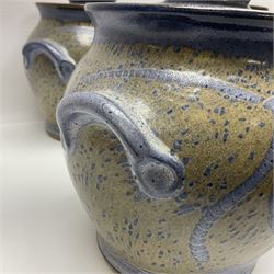 John Egerton (c1945-): set of five studio pottery stoneware twin handled jars with covers, decorated with blue birds upon a brown mottled ground, H20cm