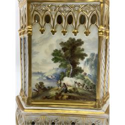 Two 19th century continental teapots and warmers, each teapot upon a hexagonal warming base, the first example painted with landscape scenes, the second with nesting birds in gilt branches, H28cm