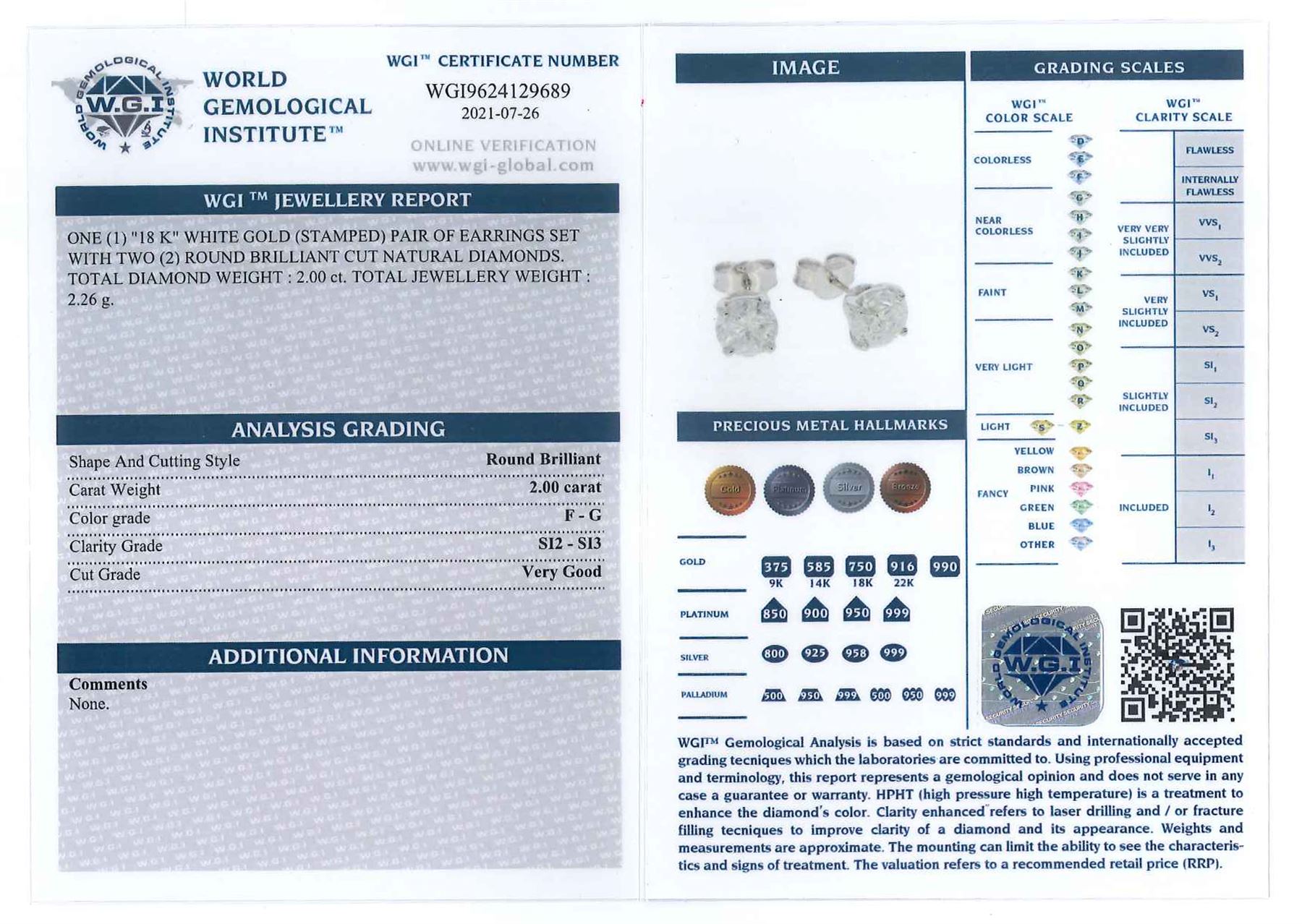 Pair of 18ct white gold round brilliant cut diamond stud earrings, total diamond weight 2.00 carat, with World Gemological Institute Report