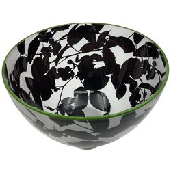 Gillies Jones of Rosedale glass bowl decorated with black foliage with green rim, upon a short clear tapering foot, signed to base, H13cm D15cm
