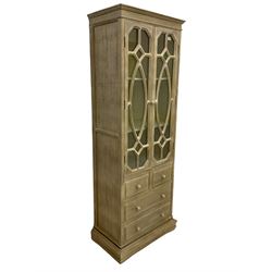 Distressed painted cabinet, fitted with two glazed doors above two short and two long drawers