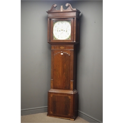  19th century figured mahogany longcase clock, eight day movement striking the hours on bell, square enamel painted dial with subsidiary seconds and date dial, signed 'J. Alker, Wigan', H205cm a/f  