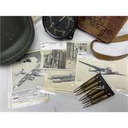 Bakelite cased Megger Insulation tester, by Evershed and Vignoles Ltd, Acton Lane Works, Chiswick, London W4, RW Munro Ltd air speed knots gauge, American green army helmet, The War Illustrated, WW2 aircraft photographic postcards, etc