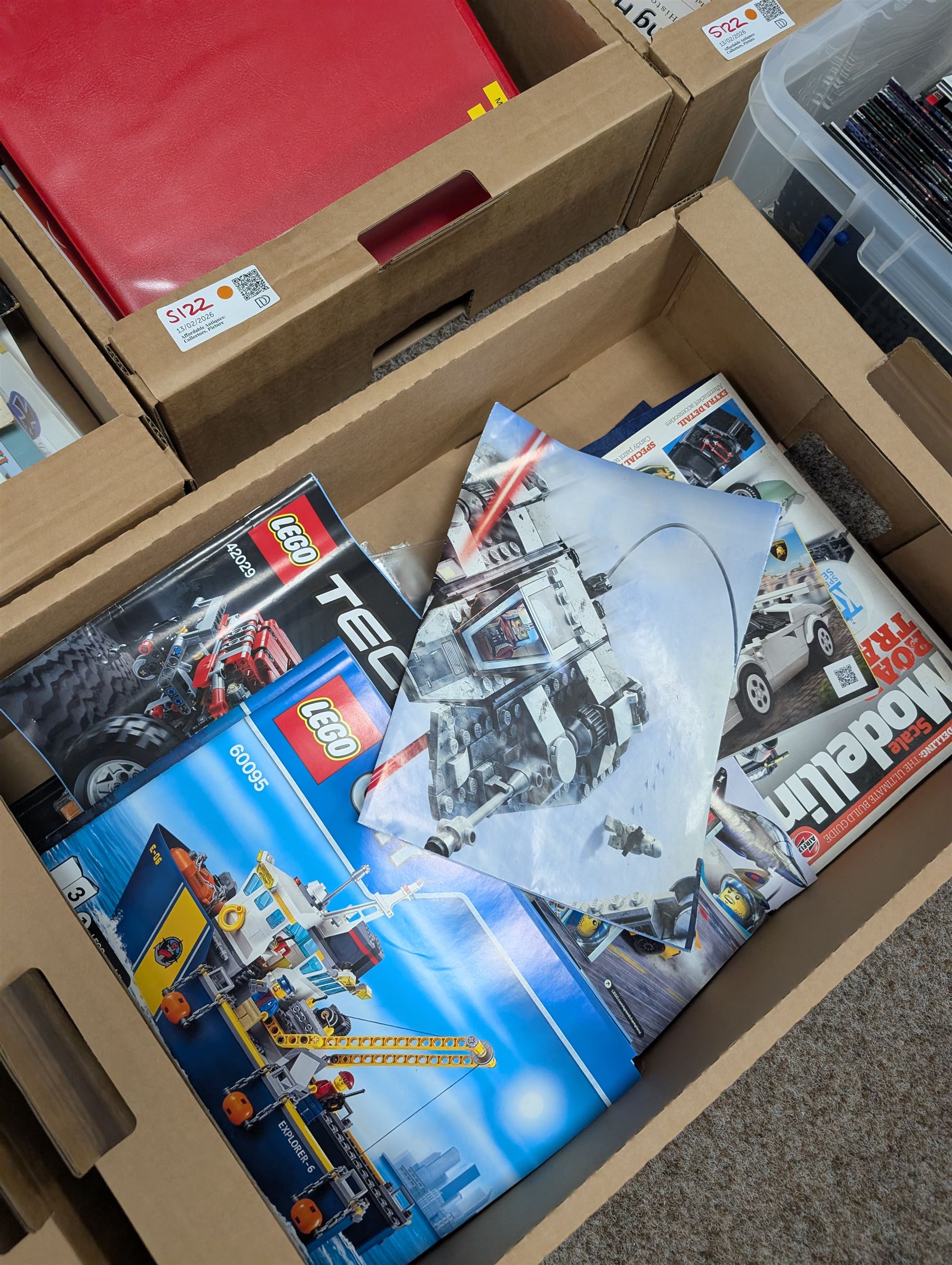 Large collection of books and reference material relating to scale modelling, together with Eaglemoss Star Trek magazines, Batman Automobila magazines, Lego manuals, in seven boxes