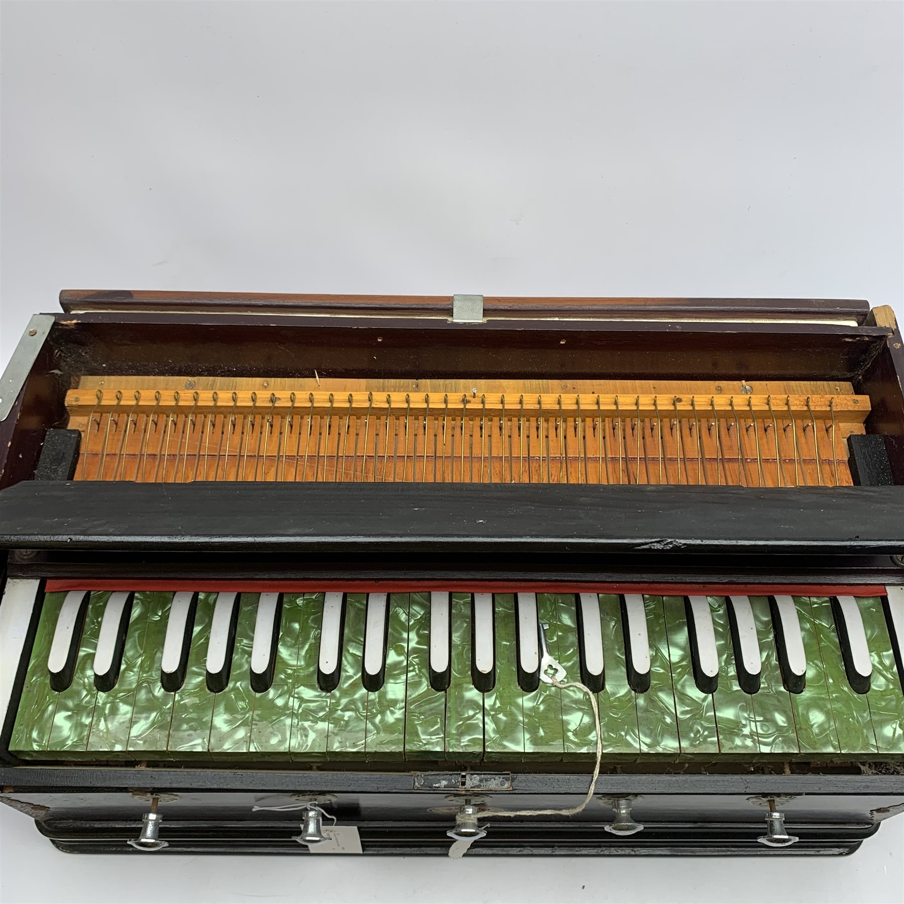 Indian portable harmonium by Kamala with mahogany stained wooden case and green pearline keys L56cm