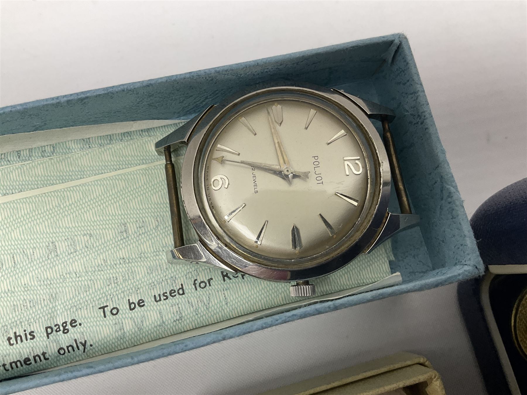 Pair of Georgian silver dress buttons, silver caddy spoon, silver fob medals, silver watches, set of six silver plated teaspoons, set of gilt buttons with ship design, etc