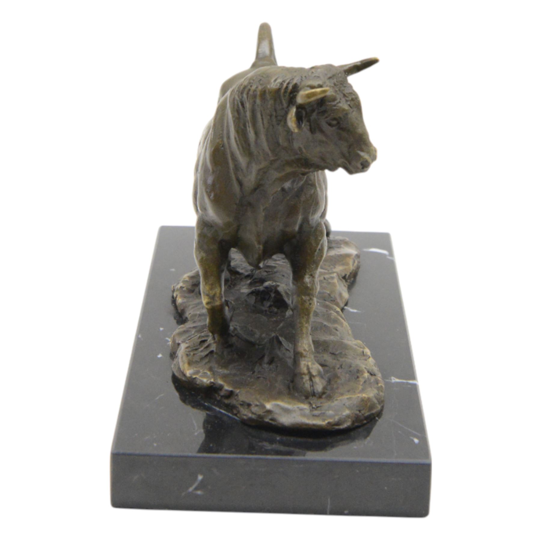 Bronze figure, modelled as a prancing bull, upon a naturalistic base signed Mils and with foundry mark, raised upon a rectangular marble base, overall H14cm