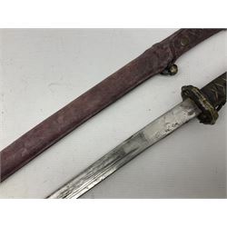 Copy of a WWII Japanese NCO sword, the 65cm slightly curving blade stamped with pseudo Japanese characters and cast brass simulated cord bound grip; in officer's leather bound field scabbard L97cm overall
