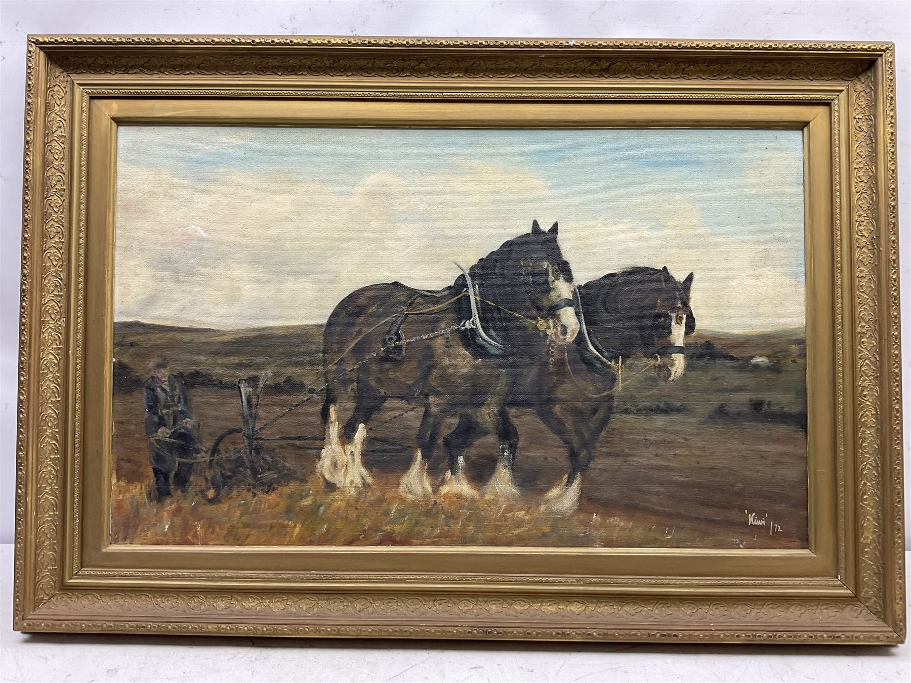 English School (20th century): Heavy Horses Ploughing, oil on board indistinctly signed and dated '72, 47cm x 77cm