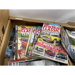 Collection of classic car magazines, comprising predominantly of Minor Matters and Classic Van and Pick-up examples, together with other motoring magazines from the 1960s and 70s, and two Morris Minor signs, in four boxes