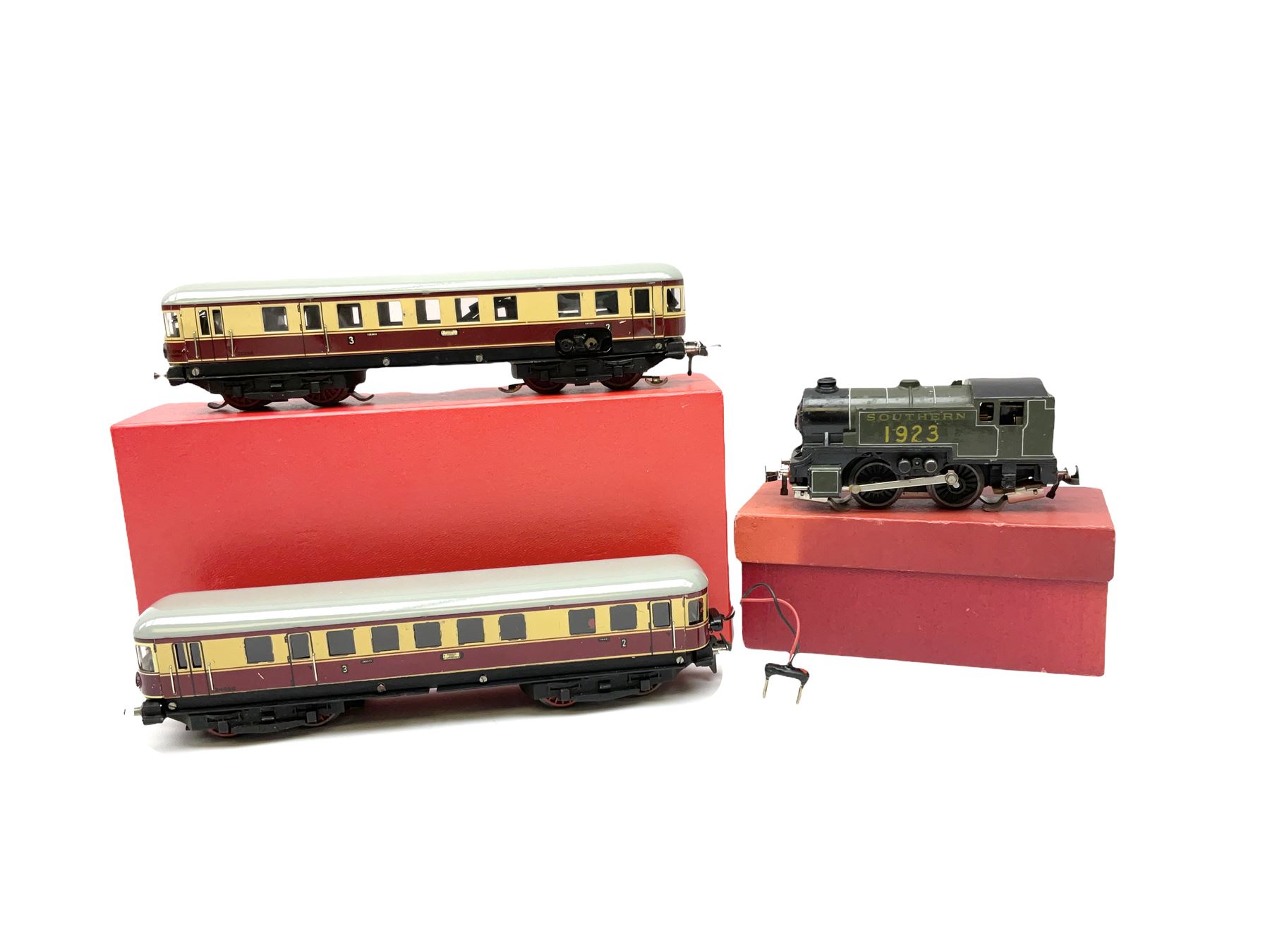 Trix Twin - three-rail Trix Express Germany two-car set No.20058 with lights in modern collector's box; and 0-4-0 Tank locomotive No.1923 in Southern lined green in plain red box (2)