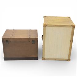 Contemporary leather trunk with handles and bedside table of similar design, three drawers with leather strap handles and leather corners Trunk: H 45cm, D 40cm, W 61cm Bedside table: H 69cm, D 51cm, W 52cm