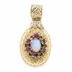 Victorian gold opal and ruby hairwork pendant / locket, the central flower head cluster se...