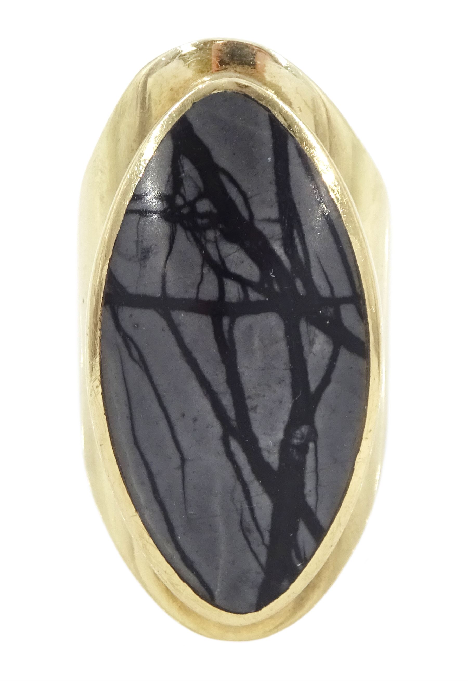 9ct gold Picasso jasper ring, single oval cut jasper, set within an openwork gallery by C W Sellors, Sheffield 1997